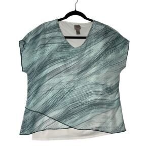 CHICOS Easywear Top Womens 1 Teal Blue Abstract Layered V Neck Stretch Blouse